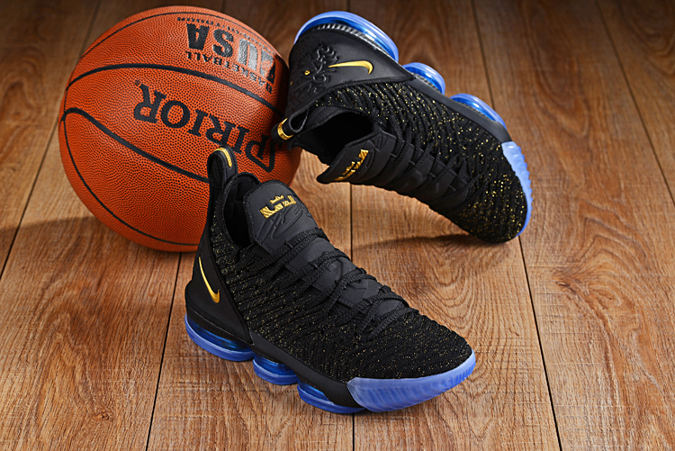 Men Nike LeBron James 16 Black Yellow Blue Sole Shoes